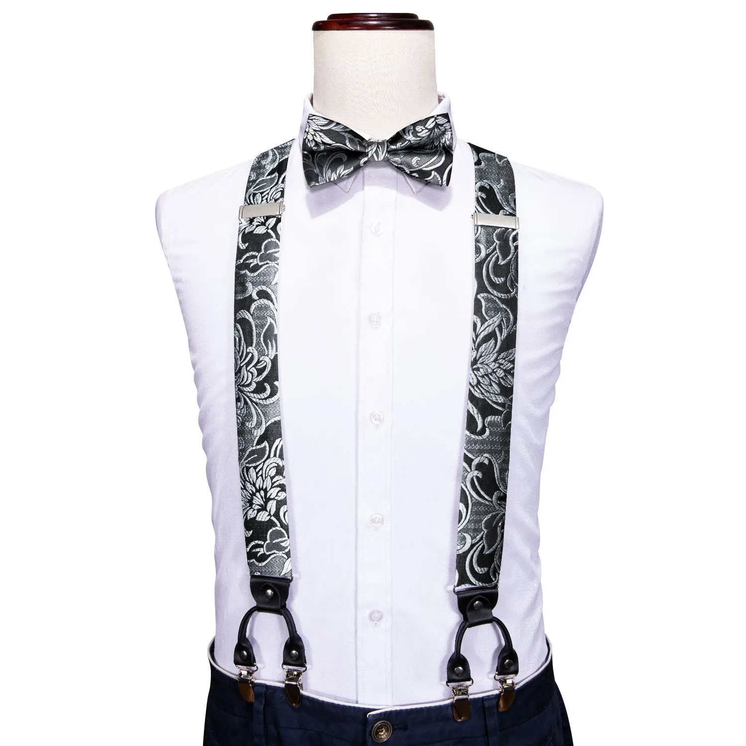 Black Grey Floral Y Back Brace Clip-on Men's Suspender with Bow Tie Set