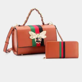 iLLASPARKZ 2PCS - Honey Bee Accented Color Block Faux Leather Tote Bag Wallet Set