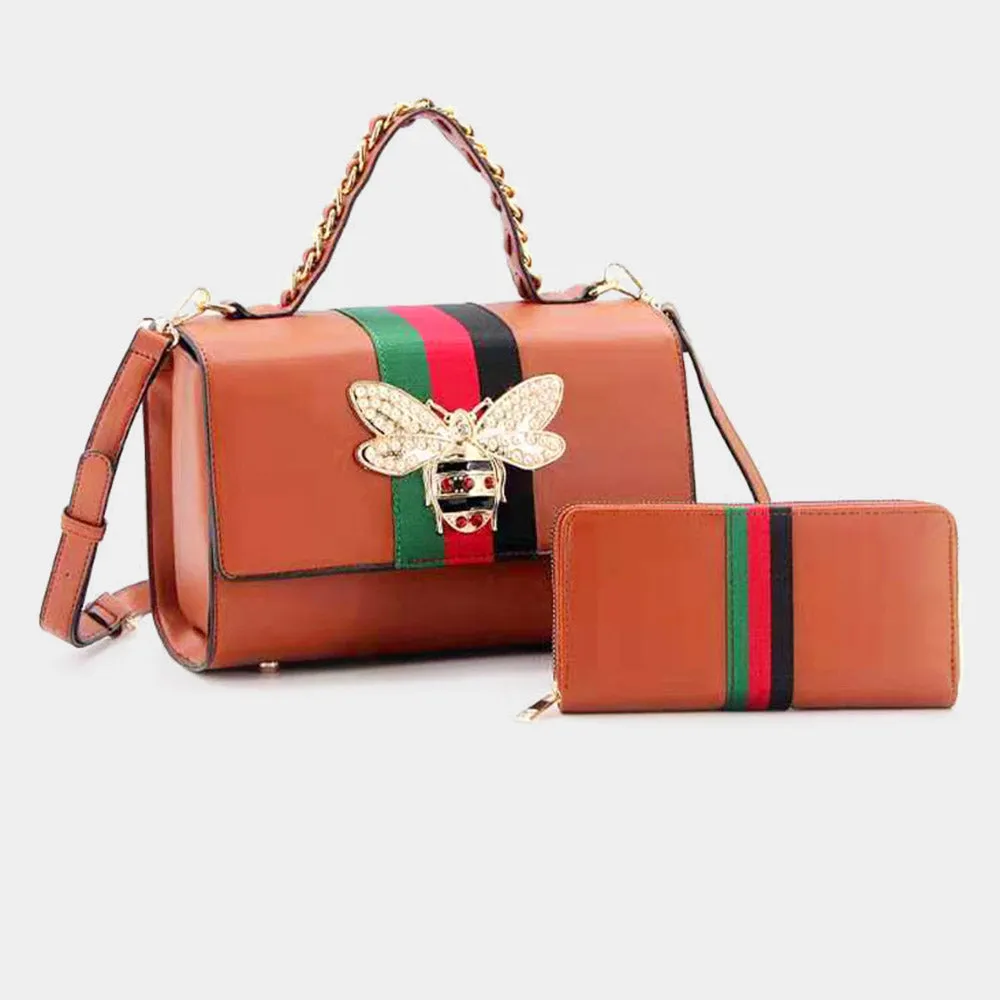 iLLASPARKZ 2PCS - Honey Bee Accented Color Block Faux Leather Tote Bag Wallet Set
