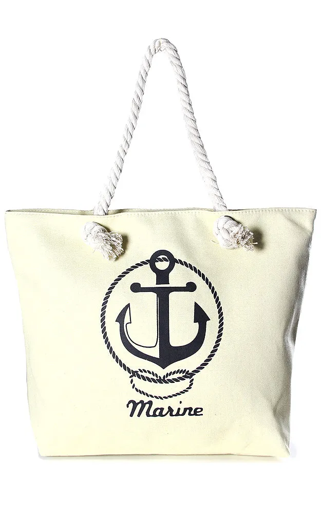 LF065 Beige Big Anchor Print Cotton Beach Bag