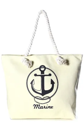 LF065 Beige Big Anchor Print Cotton Beach Bag