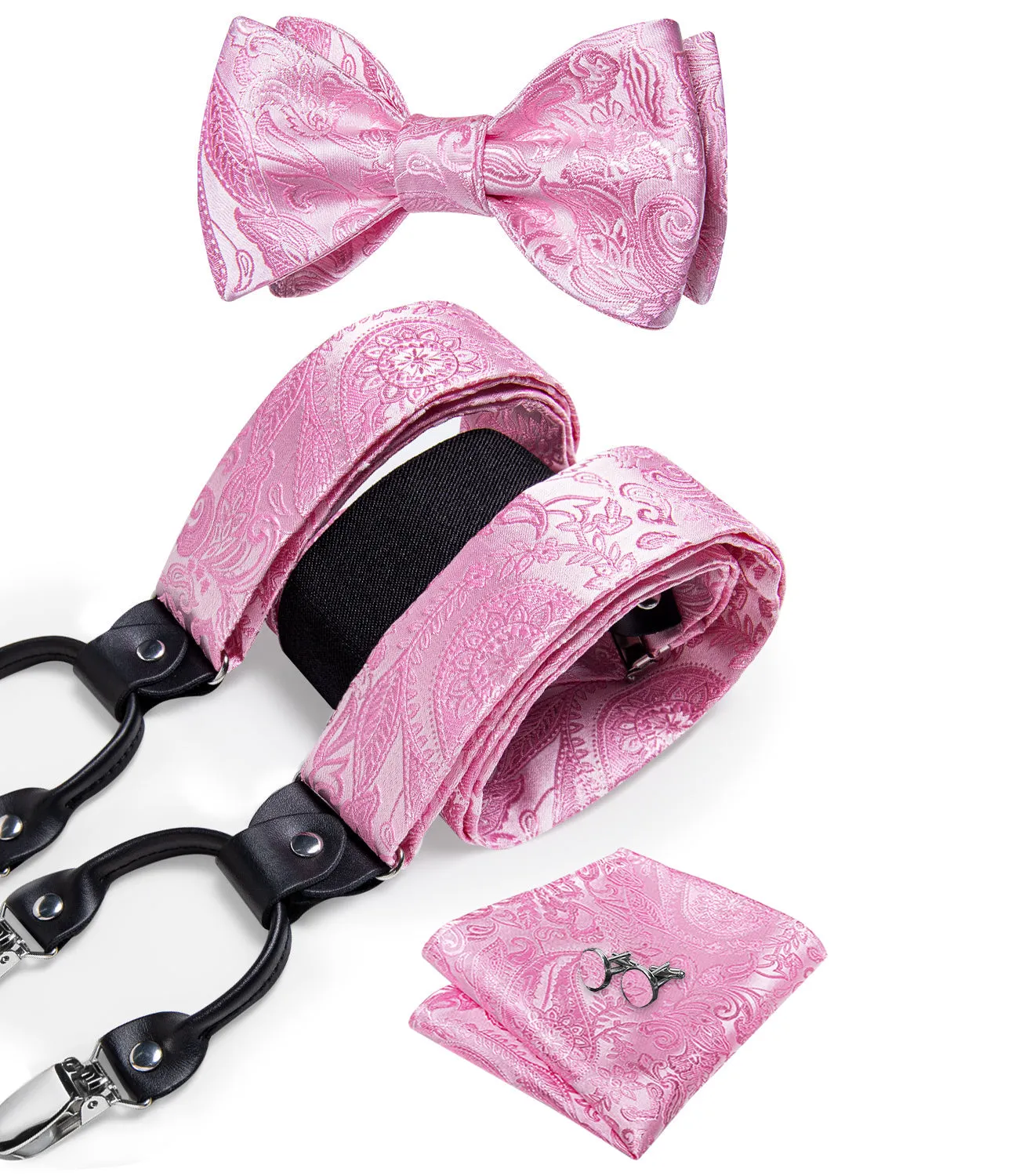 Pink Paisley Clip-on Men's Suspender with Bow Tie Set