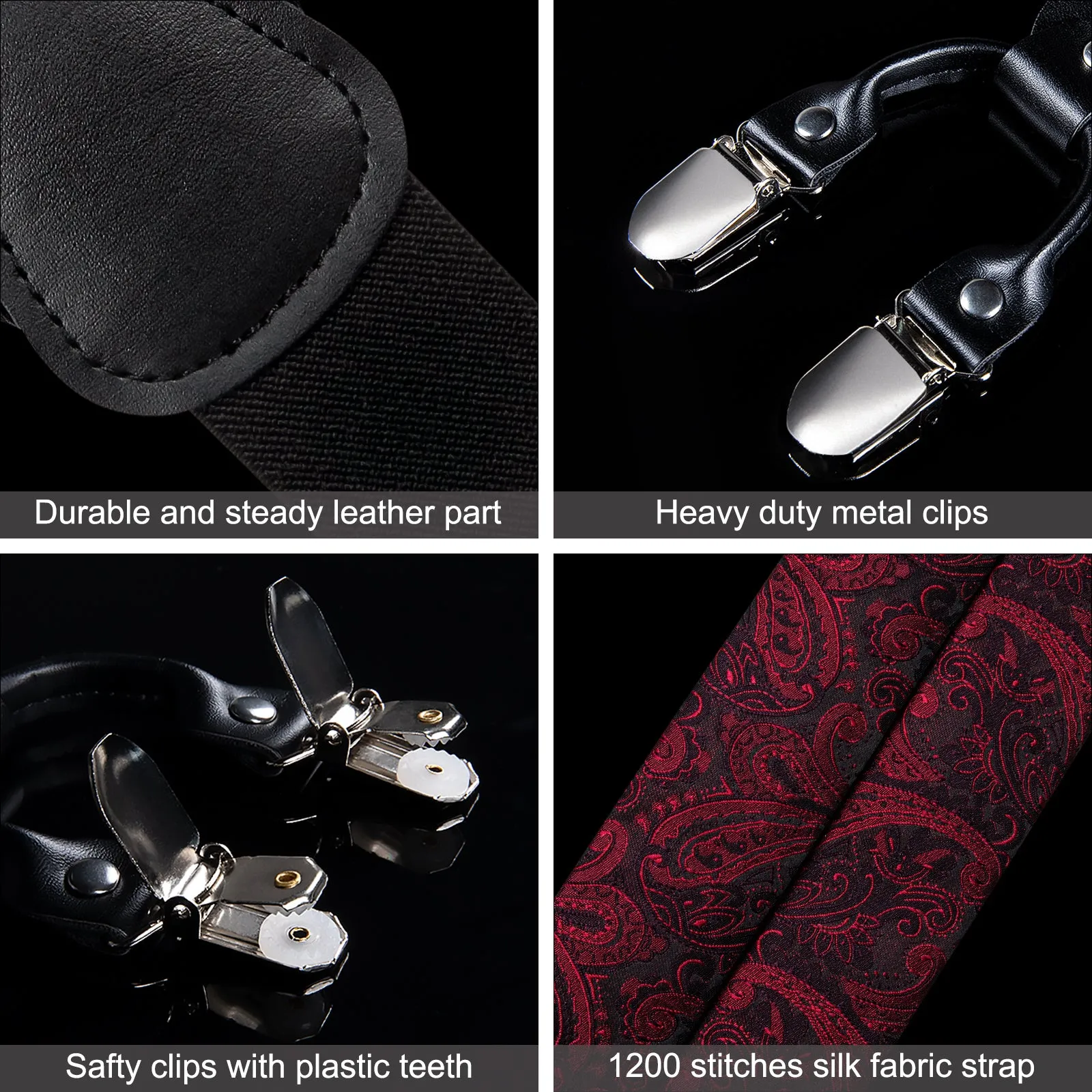 Red Black Paisley Y Back Brace Clip-on Men's Suspender with Bow Tie Set